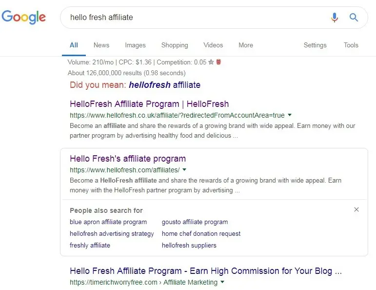 hellofresh affiliate search