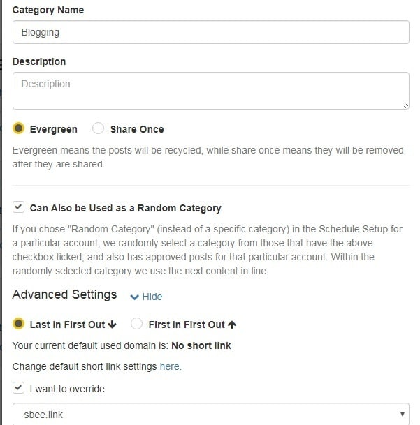 Category Advanced Settings in SocialBee