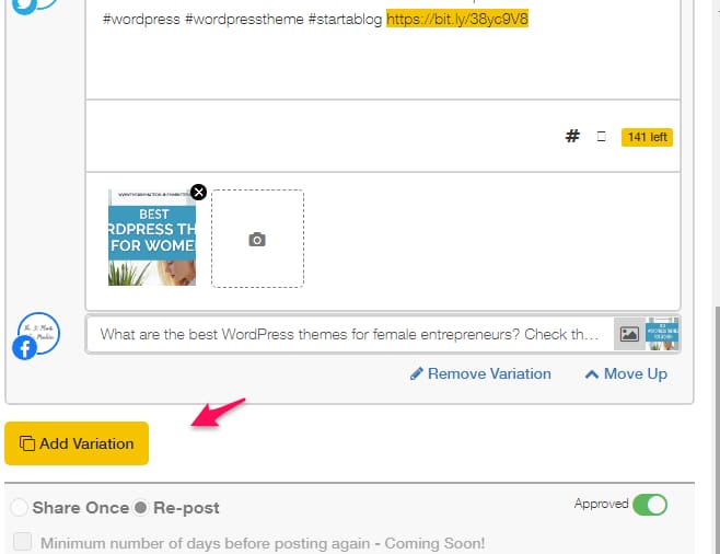 Adding a variation to a post in SocialBEE. Twitter Tips for Beginner Bloggers